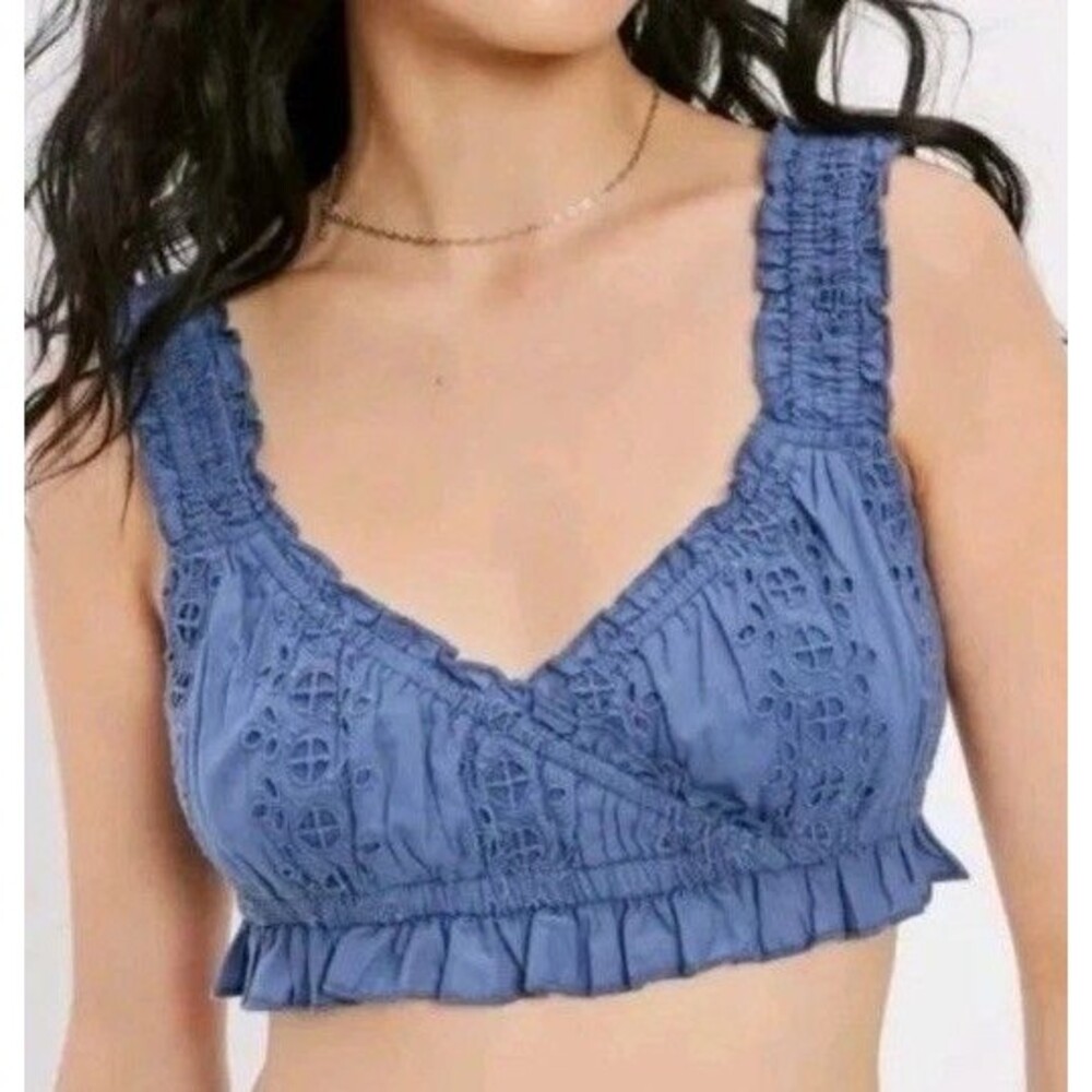 American Eagle Size XL Blue Eyelet Lace Cropped Tank Top Festival Boho NWT